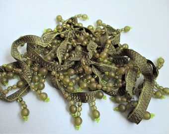 Olive Green Beaded Fancy Trim Sewing Supply 2 1/2 Yards Vintage Sewing Notions Home Decor Sewing Supply Curtains Upholstery Window Treatment