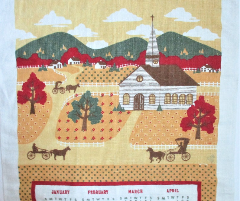 1982 Amish Theme Pure Linen Calendar Wall Hanging Folk Art Etsy