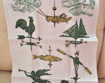 Linen Tea Towel Vintage Early American Weather Vanes Souvenir Kitchen Dish Towel Wall Hanging Shabby Cottage Farmhouse Decor Signed AW