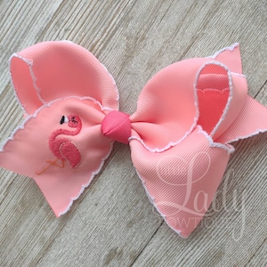 Pink Flamingo Hair bow- Spring hair bow - Embroidered hair bow- moonstitch hair bow- specialty hair bow- Custom hair bow- hair bows-pink bow