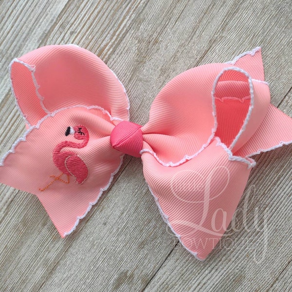 Pink Flamingo Hair bow- Spring hair bow - Embroidered hair bow- moonstitch hair bow- specialty hair bow- Custom hair bow- hair bows-pink bow