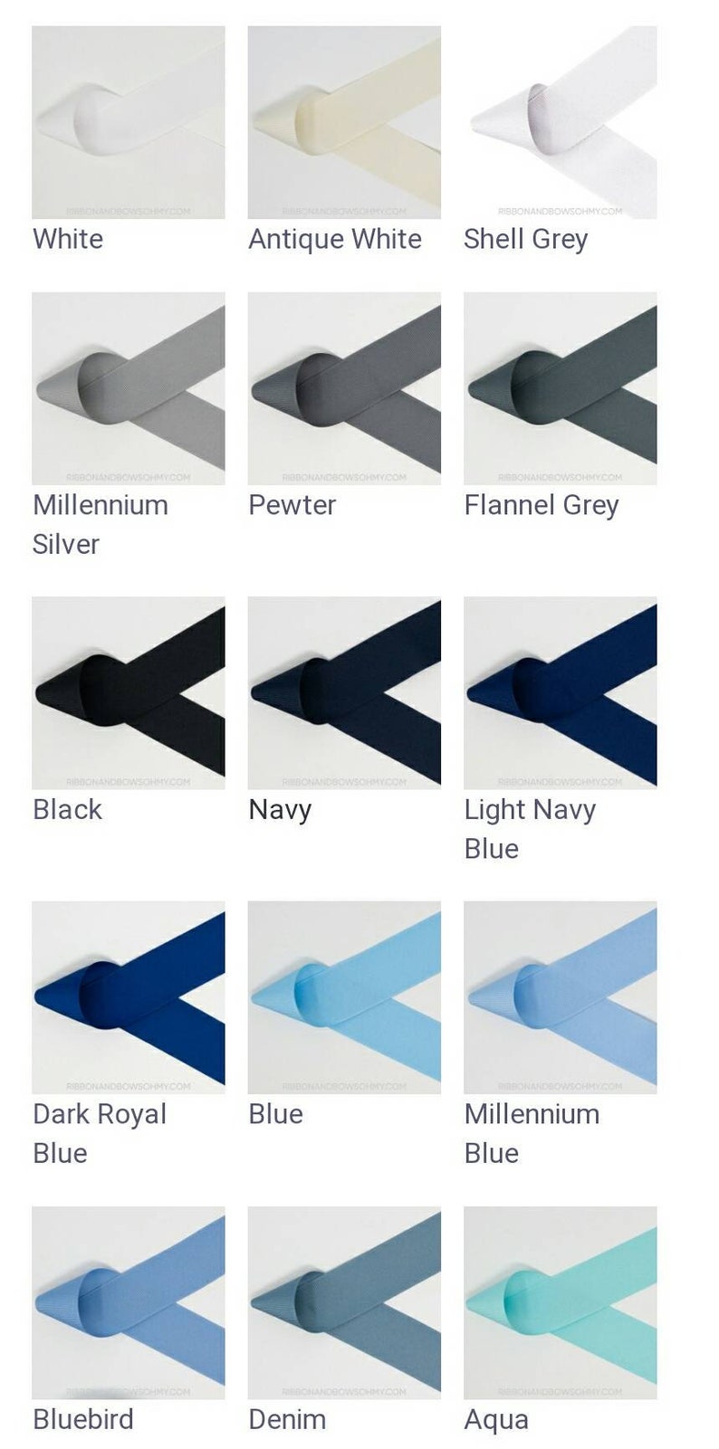 May include: A collection of 12 ribbon samples in various colors, including white, antique white, shell grey, millennium silver, pewter, flannel grey, black, navy, light navy blue, dark royal blue, blue, millennium blue, bluebird, denim, and aqua.