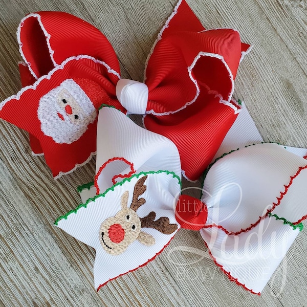 Embroidered Christmas bows-Santa hairbow-Reindeer hairbow-Snowman Hairbow- custom hairbows-hoilday hairbows- moonstitch hairbows- hair-bow--