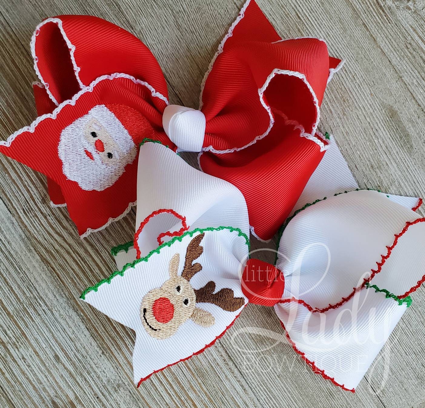 Embroidered Christmas bows-Santa hairbow-Reindeer hairbow-Snowman Hairbow- custom hairbows-hoilday hairbows- moonstitch hairbows- hair-bow--