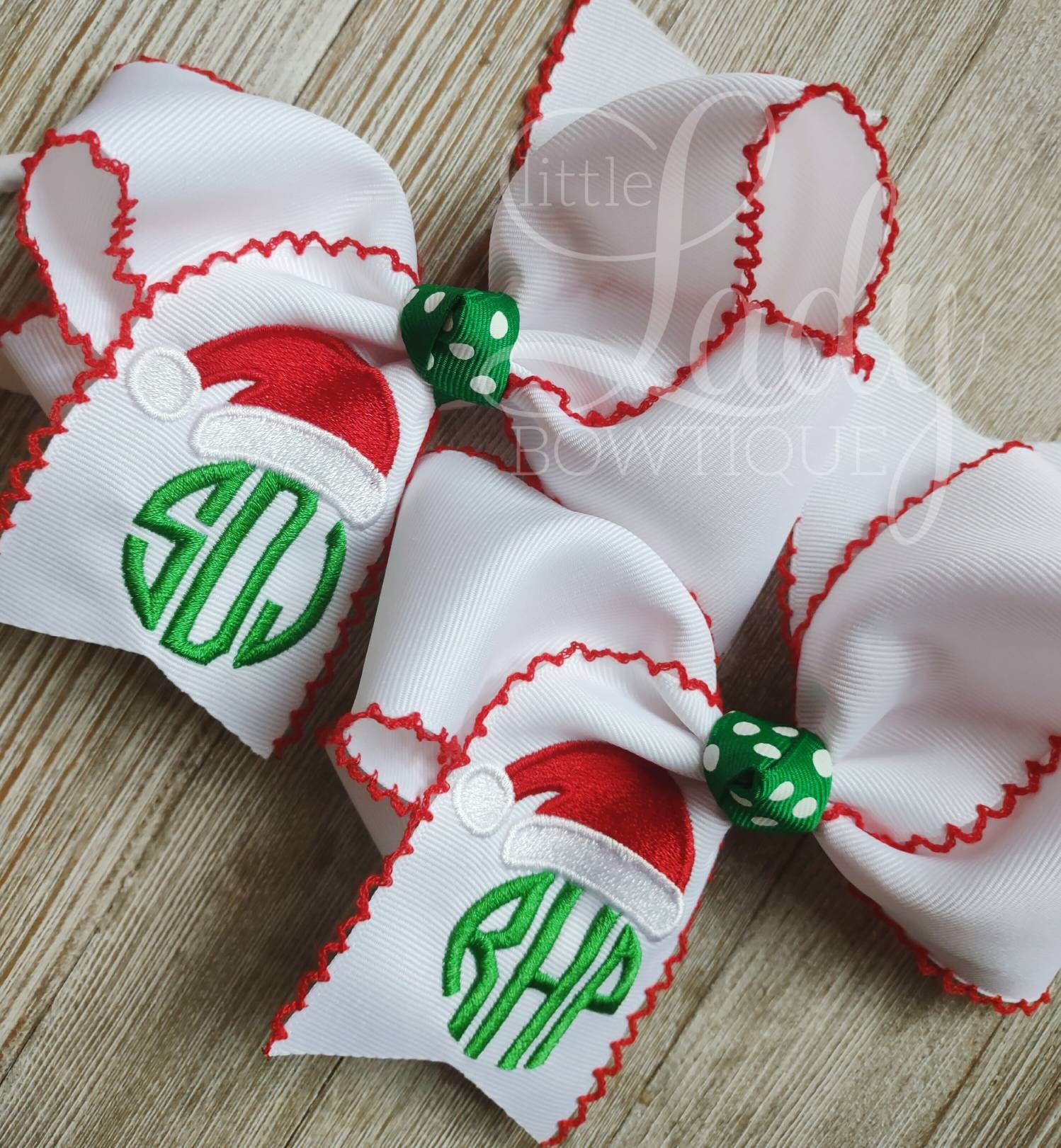 Santa Hat monogrammed hairbow- moonstitched Hairbows-personalized hairbow-Christmas hairbow- Santa bow- monogrammed bow- custom hairbow- bow