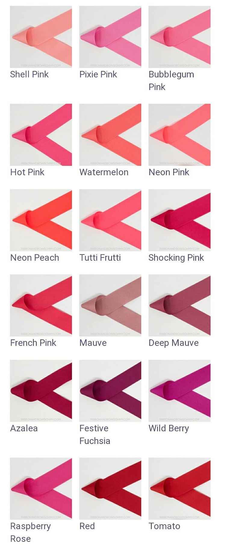 May include: A collection of 12 different pink and red ribbon colors, each displayed in a folded V shape. The colors are: Shell Pink, Pixie Pink, Bubblegum Pink, Hot Pink, Watermelon, Neon Pink, Neon Peach, Tutti Frutti, Shocking Pink, French Pink, Mauve, Deep Mauve, Azalea, Festive Fuchsia, Wild Berry, Raspberry Rose, Red, and Tomato.