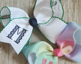 Monogrammed Hair Bow – Embroidered Scallop Letter, Custom Colors