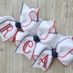 Monogrammed Hair bow-4th of July hair bow- Custom hair bow- patriotic hair bow- personalized hair bow- moonstitch bow- specialty hair bow---