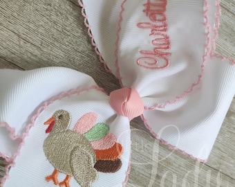 Turkey Hair bow - Fall bow - Hair bow with name - monogrammed bows for girl - baby headband bows - Embroidered Turkey hair bow - hairbows-