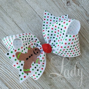 Christmas Hairbow- Gingerbread Man Hairbow- Red polka dot bow-Moonstitch Hairbow- Embroidery Hairbow-Custom bow- Holiday hairbows- baby bows