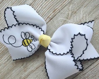 Hummel Haarschleife-Bienen Haarschleife-Frühlingshaarschleife- bestickte Haarschleife-Mondstich Schleife- Custom Haarschleife-Hummelschleife-Mädchen Haarschleife