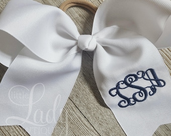 Monogrammed Cheer Bow – Embroidered Initial Ribbon Hair Bow
