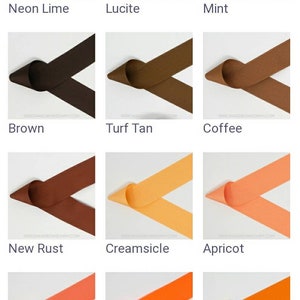 May include: A collection of 12 different colored ribbon samples, each folded in a V-shape. The colors are: Leaf, Spring Moss, Neon Green, Neon Lime, Lucite, Mint, Brown, Turf Tan, Coffee, New Rust, Creamsicle, Apricot, Living Coral, Neon Orange, Orange, Pumpkin Pie, Ginger, and Yellow Gold.
