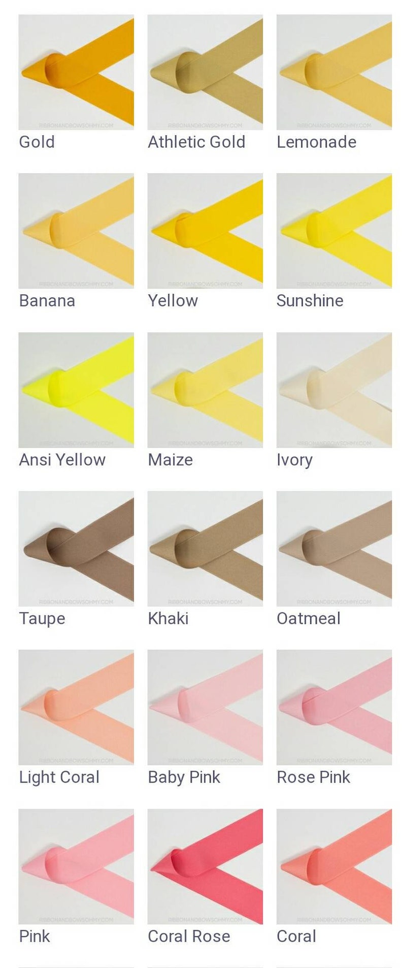 May include: A collection of 18 different colored ribbon samples, each folded in a V-shape. The colors include gold, yellow, ivory, taupe, khaki, oatmeal, light coral, baby pink, rose pink, pink, coral rose, and coral.