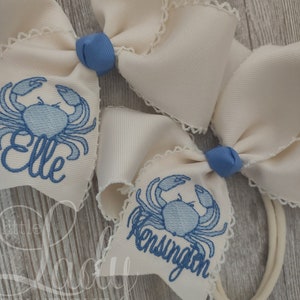 Monogrammed Crab Hairbow- Beach hairbow-Summer time Bows- Special Occasion Bows- Embroidered Hairbows- Spring bows-baby Bows- Bow for Summer