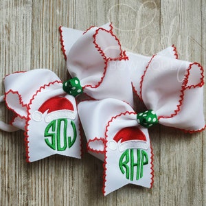 Santa Hat monogrammed hairbow- moonstitched Hairbows-personalized hairbow-Christmas hairbow- Santa bow- monogrammed bow- custom hairbow- bow