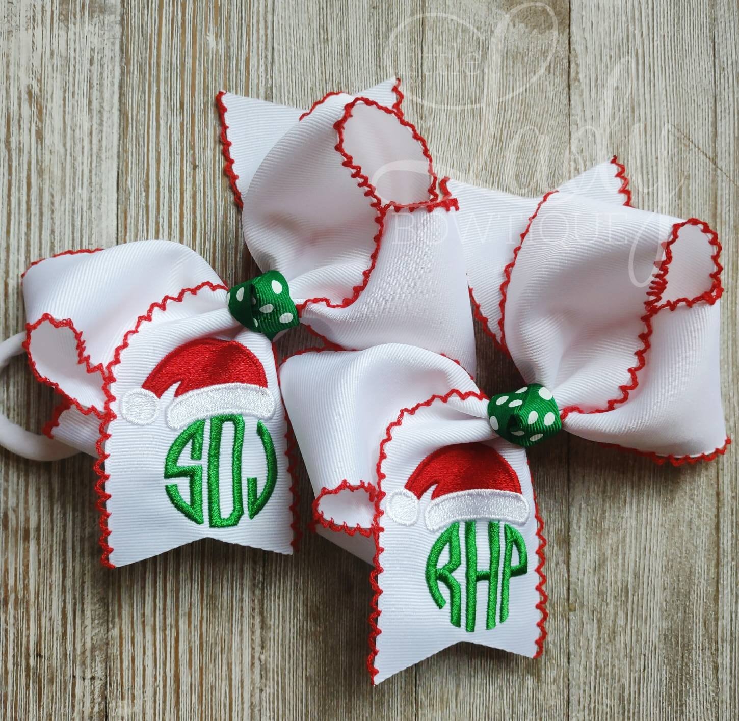 Santa Hat monogrammed hairbow- moonstitched Hairbows-personalized hairbow-Christmas hairbow- Santa bow- monogrammed bow- custom hairbow- bow