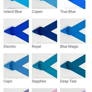 May include: A color chart of 15 different shades of blue, teal, purple, and pink ribbon. The ribbon is folded in a V shape and the color names are listed below each sample.