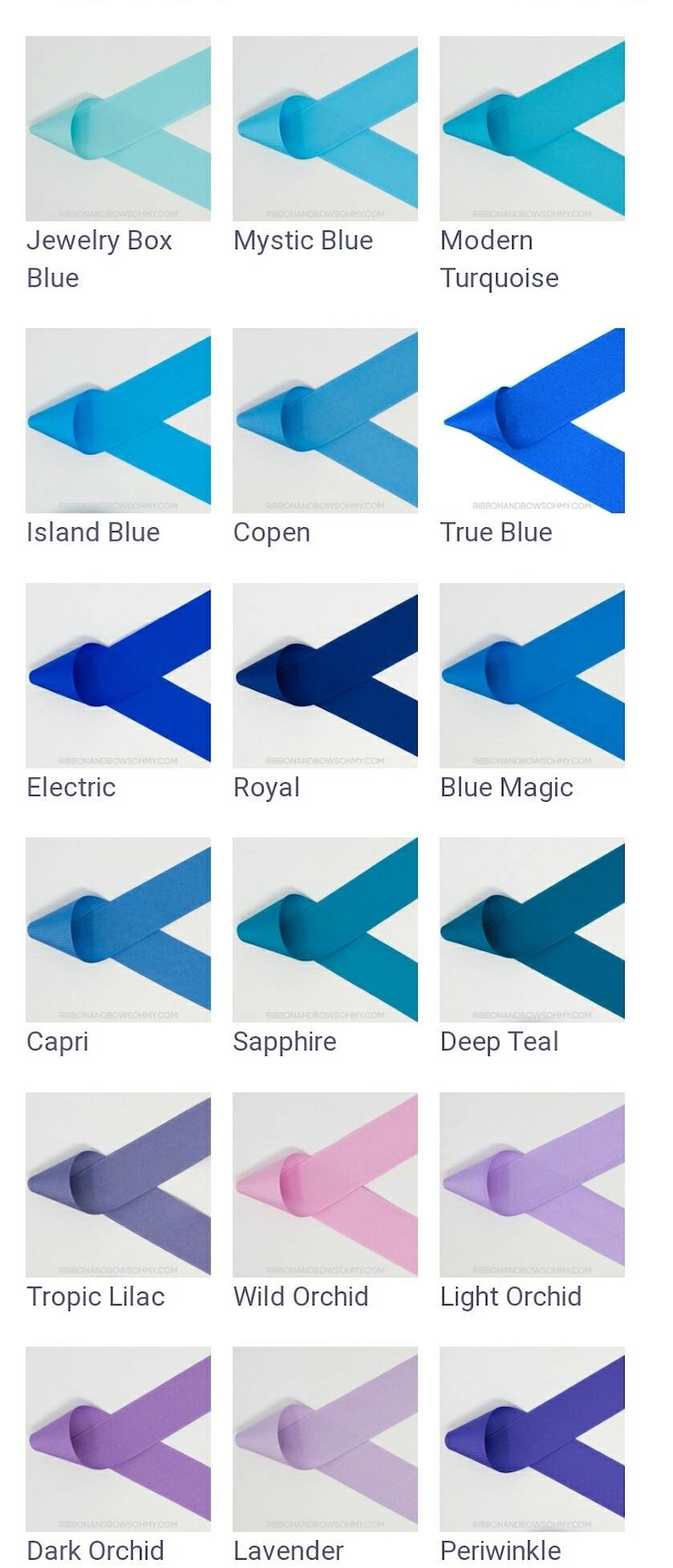 May include: A color chart of 15 different shades of blue, teal, purple, and pink ribbon. The ribbon is folded in a V shape and the color names are listed below each sample.