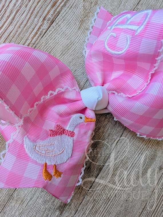 Monogrammed Goose Hair Bow - Pink Gingham, Custom Initial