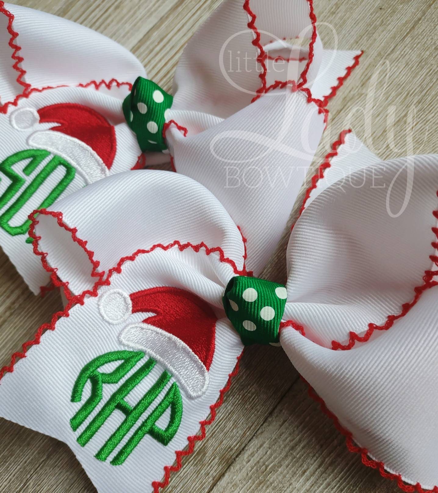 Santa Hat monogrammed hairbow- moonstitched Hairbows-personalized hairbow-Christmas hairbow- Santa bow- monogrammed bow- custom hairbow- bow