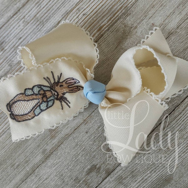 Embroidered Peter Rabbit Hairbow- Moonstitch Hairbow- Easter Hairbows-Spring Bows- Special Occasion Bows- Moonstitch bow- Easter bow-Hairbow