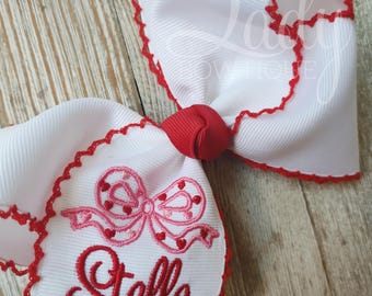 Monogrammed hair bow - Custom embroidered bow - valentines personalized hair bow - hair bow with name - Bows with hearts - baby headband bow