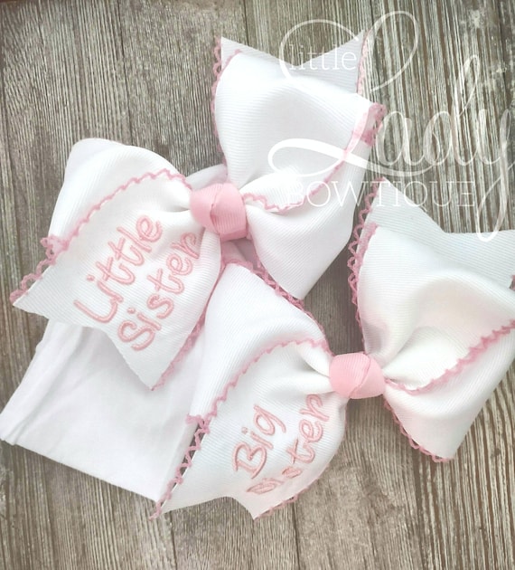 Big sister - little sister Moonstitch Monogrammed Hairbows- Embroidered Hairbow- personalized Bows - Bows for babies- Custom hair bows- baby