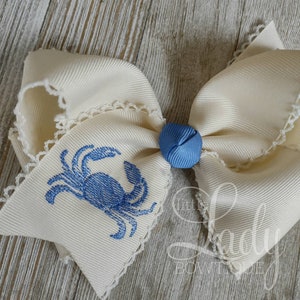 Monogrammed Crab Hairbow- Beach hairbow-Summer time Bows- Special Occasion Bows- Embroidered Hairbows- Spring bows-baby Bows- Bow for Summer