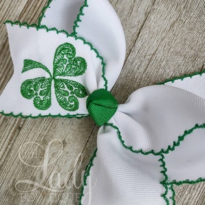 St. Patricks Day Hairbow- Shamrock Hairbow- Four Leaf Clover Hairbow- Moonstitch Bows- Embroidered Hairbows- Monogrammed Hairbows- St. Patty