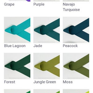 May include: A collection of 18 ribbon samples in various colors, including hyacinth, royal orchid, sugar plum, grape, purple, navajo turquoise, blue lagoon, jade, peacock, forest, jungle green, moss, emerald, apple, lypple, lemon grass, pistachio, and celadon.