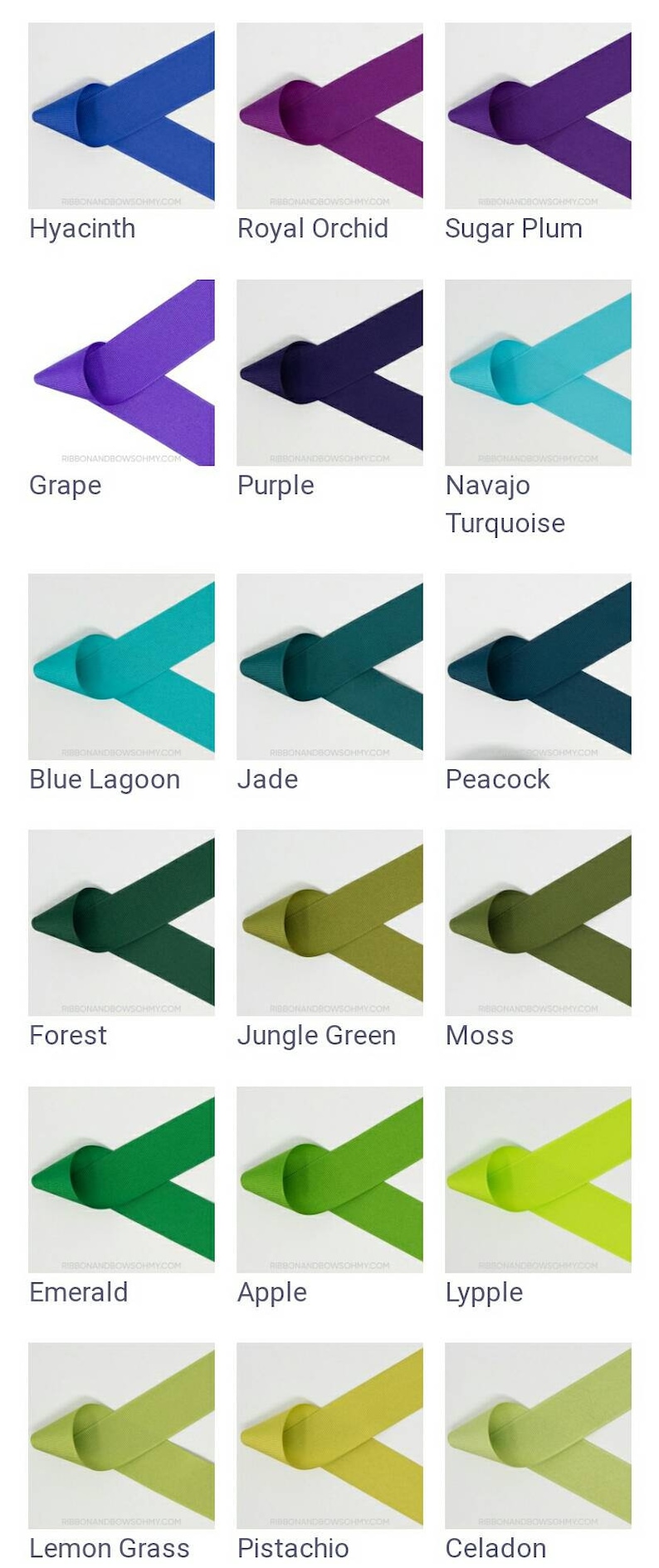 May include: A collection of 18 ribbon samples in various colors, including hyacinth, royal orchid, sugar plum, grape, purple, navajo turquoise, blue lagoon, jade, peacock, forest, jungle green, moss, emerald, apple, lypple, lemon grass, pistachio, and celadon.