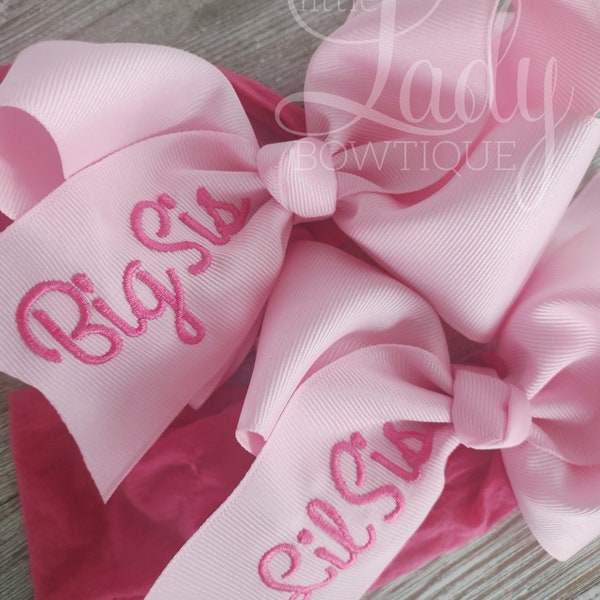 Lil sis hairbow -Big sis bow - Embroidered hairbow- Personalized hairbow- Monogrammed hairbow- Headband bows for baby- Sisters hairbows- bow