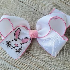 Easter Hair-bow-sketched embroidery bunny hairbow-Rabbit embroidered bow-Spring hairbow-custom Hair-bow- Moonstitch Hairbow- monogrammed bow