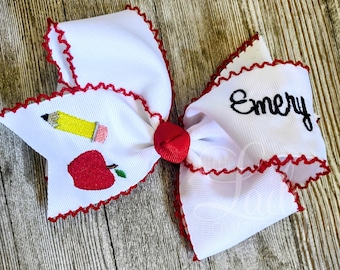 Lazo para el cabello con monograma para la vuelta al cole - Lazo personalizado con bordado de lápiz - Lazo para el cabello con bordado de manzana - Lazos para el primer día de clases