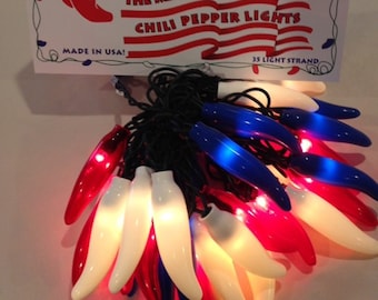Red, White, Blue - LED Chili Pepper string lights - 50 Peppers per string - Patriotic , July 4th- 13.5 ft - Casa RC - free ship