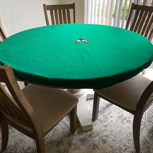 May include: A round table covered with a green felt cloth, surrounded by four wooden chairs. A few poker chips are on the table's surface. The table has a white pedestal base.