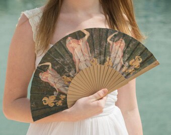 LILY: Art Nouveau style folding hand fan - 3 beautiful nymphs with yellow irises in a forest - with old gold color wood ribs