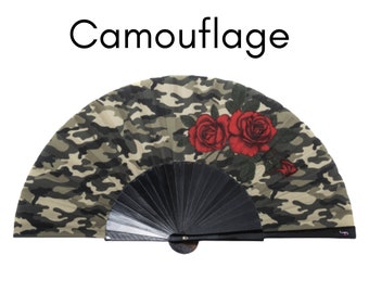 CAMOUFLAGE: Army camouflage print folding hand fan with beautiful red roses and black wood ribs