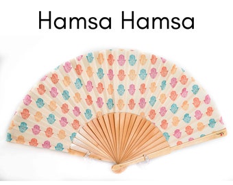 HAMSA HAMSA: Oriental Middle Eastern Fatima Hamsa design folding hand fan with natural wood ribs