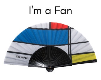 I'M A FAN: Mondrian inspired folding hand fan in bold red, blue, yellow colors with black wood ribs