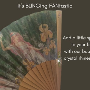 LILY: Art Nouveau style folding hand fan 3 beautiful nymphs with yellow irises in a forest with old gold color wood ribs image 3