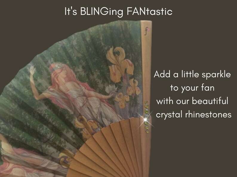 LILY: Art Nouveau style folding hand fan 3 beautiful nymphs with yellow irises in a forest with old gold color wood ribs image 3