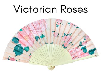 VICTORIAN ROSES: Romantic delicate pink roses folding hand fan with cream color wood ribs