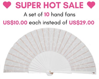 PURE WHITE: Set of 10 folding hand fans for a summer wedding favor for bridesmaids and guests - top quality cherry wood and durable cotton