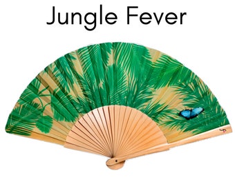 JUNGLE FEVER: Green ferns with a single blue butterfly and natural wood ribs folding hand fan
