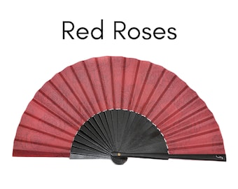 RED ROSES: Deep rich red background with a delicate outline of roses with black wood ribs