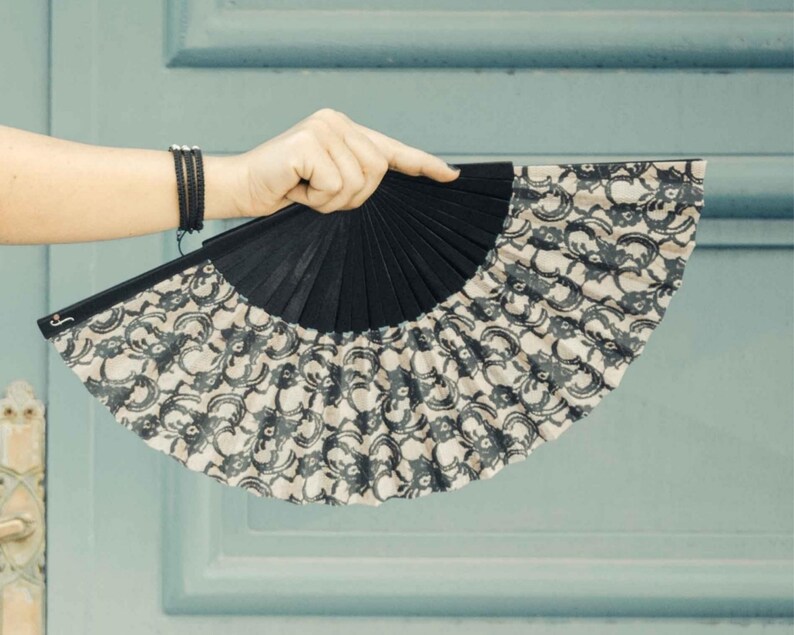 DARK SECRET menopause hot flashes relief Romantic black lace print folding fan with light peach color background unique gift for mom