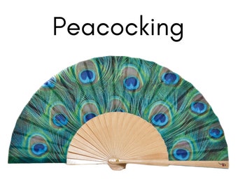 PEACOCKING: Beautiful blue green peacock feathers print folding hand fan with natural wood ribs