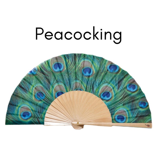 PEACOCKING: Beautiful blue green peacock feathers print folding hand fan with natural wood ribs